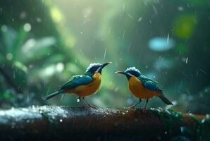 a pair of beautiful birds in the forest with raindrops and nature blurred background. generative ai photo