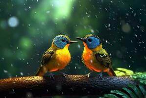 a pair of beautiful birds in the forest with raindrops and nature blurred background. generative ai photo