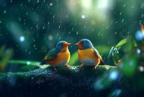 a pair of beautiful birds in the forest with raindrops and nature blurred background. generative ai photo