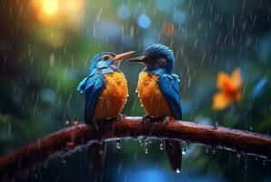 un par de hermosa aves en el bosque con gotas de lluvia y naturaleza borroso antecedentes. generativo ai foto