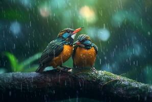 un par de hermosa aves en el bosque con gotas de lluvia y naturaleza borroso antecedentes. generativo ai foto