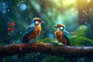 un par de hermosa aves en el bosque con gotas de lluvia y naturaleza borroso antecedentes. generativo ai foto