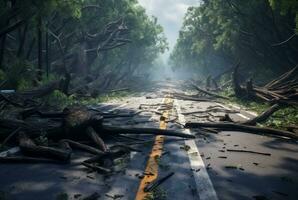 view of an asphalt road in the middle of a forest with trees collapsing due to a natural disaster. generative ai photo