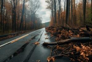 view of an asphalt road in the middle of a forest with trees collapsing due to a natural disaster. generative ai photo