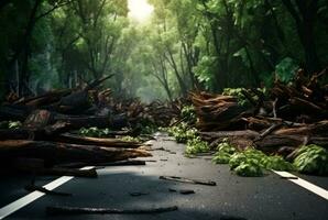 view of an asphalt road in the middle of a forest with trees collapsing due to a natural disaster. generative ai photo