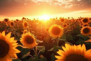 the view of the sunflower garden with the beauty of the sunrise in the morning. generative ai photo