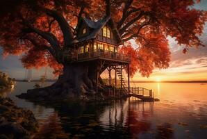 view of tree house on lake with sunset beauty. generative ai photo