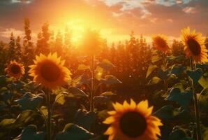 the view of the sunflower garden with the beauty of the sunrise in the morning. generative ai photo