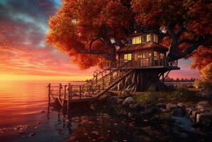 view of tree house on lake with sunset beauty. generative ai photo