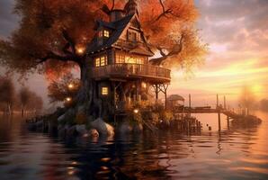 view of tree house on lake with sunset beauty. generative ai photo