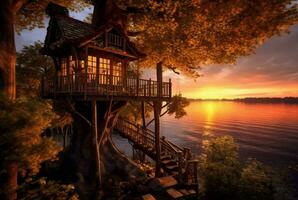 ver de árbol casa en lago con puesta de sol belleza. generativo ai foto