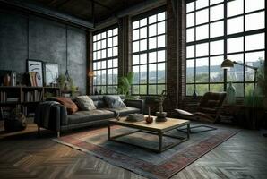 interior diseño de vivo habitación en industrial estilo con grande ventanas decorado con concreto. generativo ai foto