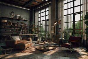 Interior design of Living Room in Industrial style with Large Windows decorated with Concrete. generative ai photo