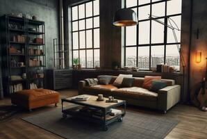 Interior design of Living Room in Industrial style with Large Windows decorated with Concrete. generative ai photo