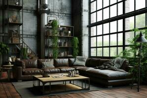 interior diseño de vivo habitación en industrial estilo con grande ventanas decorado con concreto. generativo ai foto