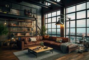 Interior design of Living Room in Industrial style with Large Windows decorated with Concrete. generative ai photo