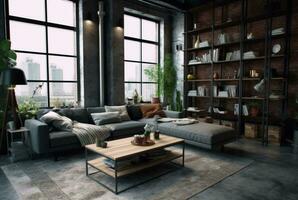 Interior design of Living Room in Industrial style with Large Windows decorated with Concrete. generative ai photo