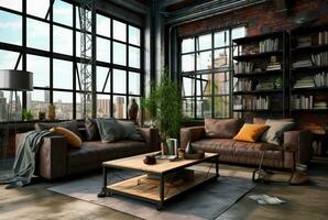 Interior design of Living Room in Industrial style with Large Windows decorated with Concrete. generative ai photo