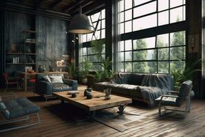 interior diseño de vivo habitación en industrial estilo con grande ventanas decorado con concreto. generativo ai foto