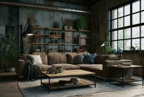 Interior design of Living Room in Industrial style with Large Windows decorated with Concrete. generative ai photo