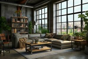 Interior design of Living Room in Industrial style with Large Windows decorated with Concrete. generative ai photo