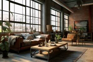 Interior design of Living Room in Industrial style with Large Windows decorated with Concrete. generative ai photo