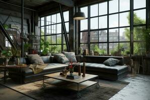 interior diseño de vivo habitación en industrial estilo con grande ventanas decorado con concreto. generativo ai foto