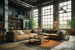 Interior design of Living Room in Industrial style with Large Windows decorated with Concrete. generative ai photo