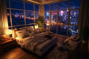 apartment bedroom with beautiful city night view from the window. generative ai photo