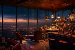 un café tienda en un colina con puntos de vista de urbano luces a noche. generativo ai foto