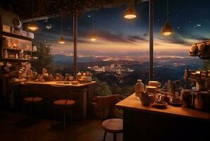 a coffee shop on a hill with views of urban lights at night. generative ai photo