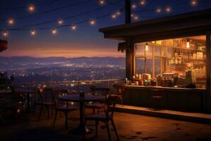 un café tienda en un colina con puntos de vista de urbano luces a noche. generativo ai foto