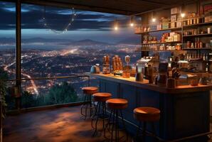 a coffee shop on a hill with views of urban lights at night. generative ai photo