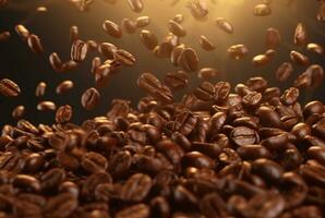 Flying coffee beans background. Closeup brown coffee bean banner. generative ai photo