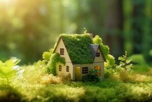 Eco Friendly House In Moss In The Garden. Miniature wooden house in spring grass. House in sunny grass. generative ai photo