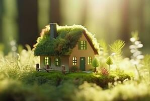 Eco Friendly House In Moss In The Garden. Miniature wooden house in spring grass. House in sunny grass. generative ai photo