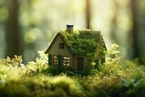 Eco Friendly House In Moss In The Garden. Miniature wooden house in spring grass. House in sunny grass. generative ai photo