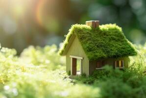 Eco Friendly House In Moss In The Garden. Miniature wooden house in spring grass. House in sunny grass. generative ai photo