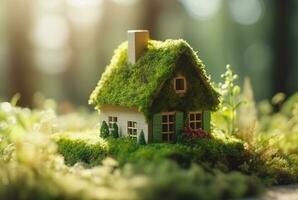 Eco Friendly House In Moss In The Garden. Miniature wooden house in spring grass. House in sunny grass. generative ai photo