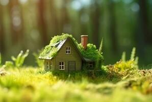 Eco Friendly House In Moss In The Garden. Miniature wooden house in spring grass. House in sunny grass. generative ai photo