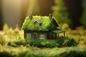 Eco Friendly House In Moss In The Garden. Miniature wooden house in spring grass. House in sunny grass. generative ai photo