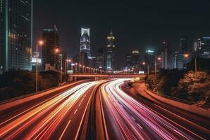 un largo exposición Disparo de el ciudad horizonte o otro paisaje urbano a noche, capturar ligero caminos desde Moviente vehículos o otro ligero fuentes. generativo ai foto