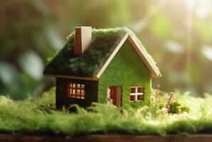 Eco Friendly House In Moss In The Garden. Miniature wooden house in spring grass. House in sunny grass. generative ai photo