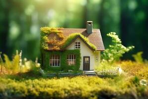 Eco Friendly House In Moss In The Garden. Miniature wooden house in spring grass. House in sunny grass. generative ai photo