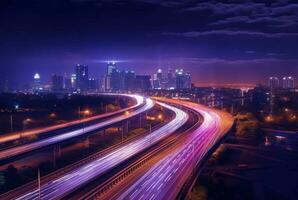 A long exposure shot of the city skyline or other cityscape at night, capturing light trails from moving vehicles or other light sources. generative ai photo