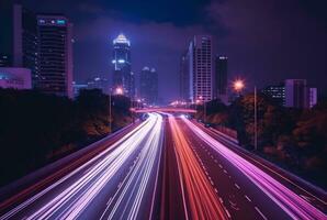 un largo exposición Disparo de el ciudad horizonte o otro paisaje urbano a noche, capturar ligero caminos desde Moviente vehículos o otro ligero fuentes. generativo ai foto