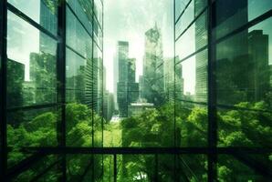 green city,double exposure of lush green forest and modern skyscrapers windows. generative ai photo