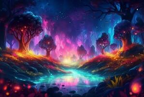 resumen paisaje. vistoso Arte fantasía paisaje con un bosque y brillante ligero. generativo ai foto