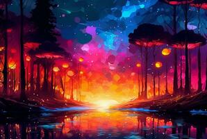 abstract landscape. colorful art fantasy landscape with a forest and glowing light. generative ai photo