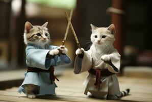 a pair of cats wearing martial armor. is practicing martial arts kung fu by playing stick. generative ai photo